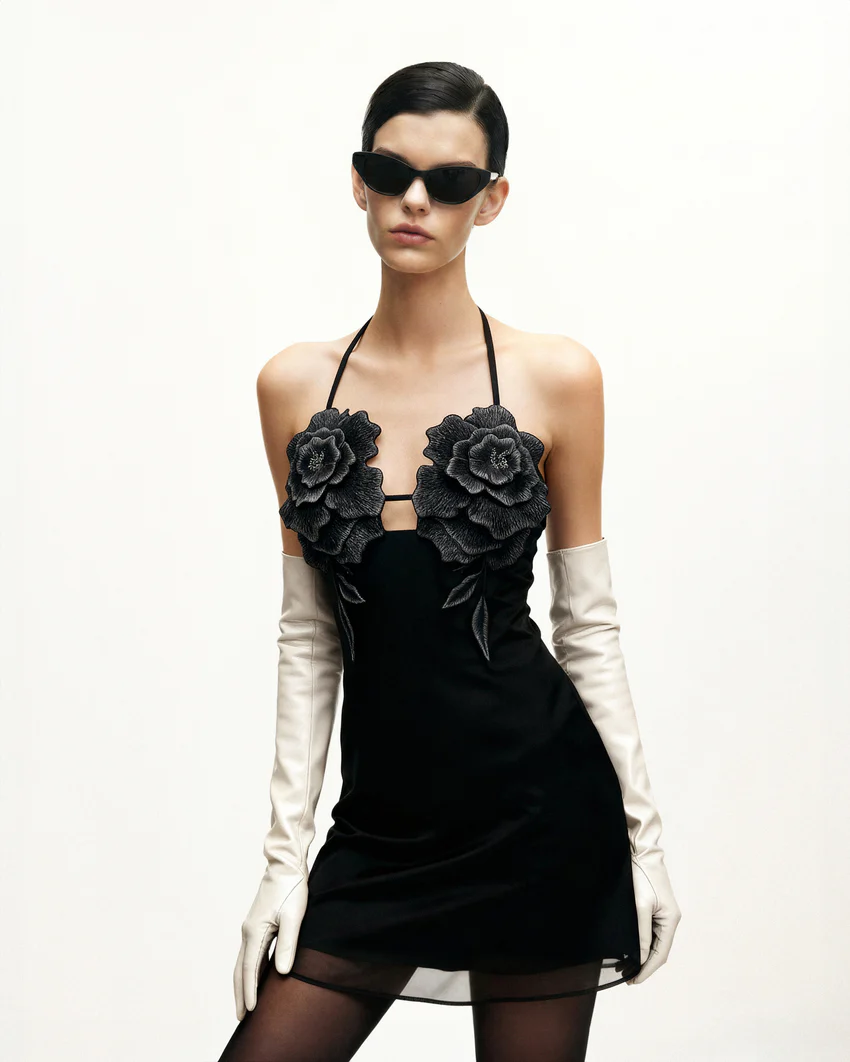 Flower Embroidered Mini Dress - Black