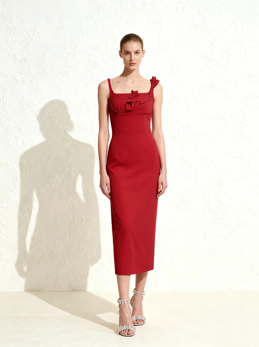 3D Floral Appliqué Square-Neck Sheath Midaxi Dress - Red