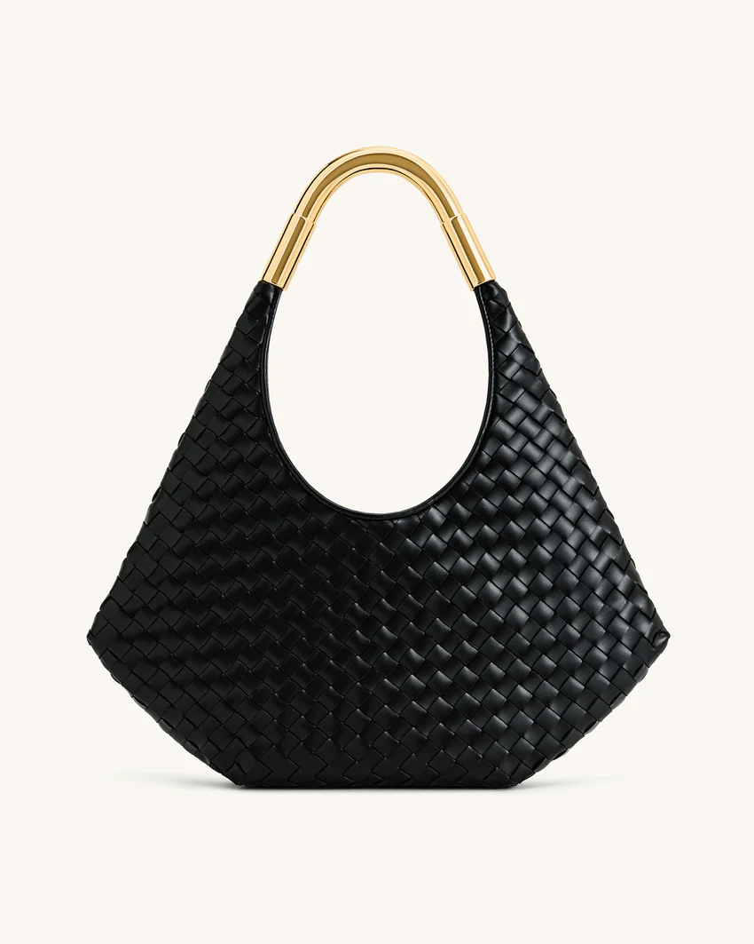 Olivia Hand-Woven Metal Handle Hobo Bag - Black