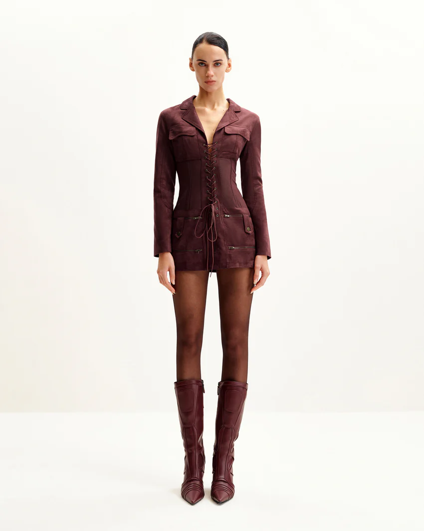Faux Suede Corset Jacket Mini Dress - Claret