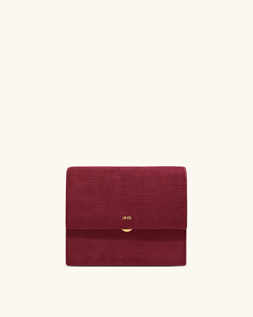 Mini Flap Faux Suede Croc Embossed Crossbody - Burgundy