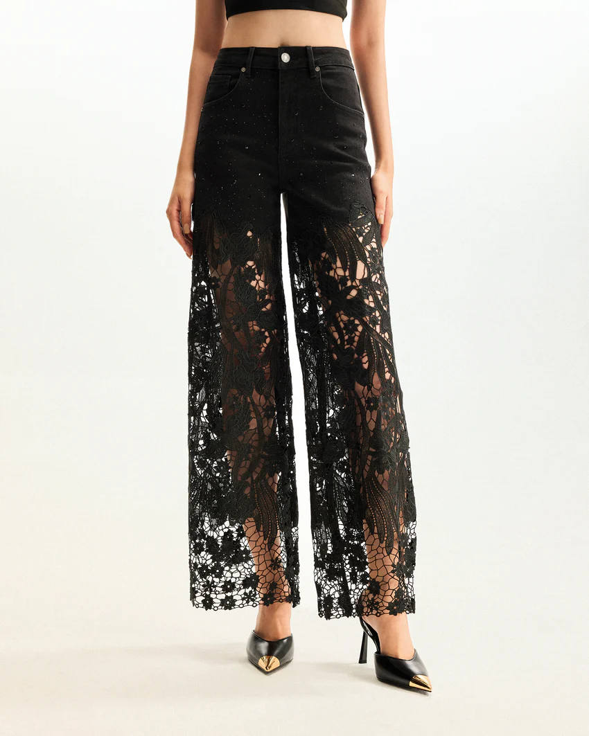 Embroidery High Rise Wide Leg Lace Denim Jeans With Rhinestone - Black