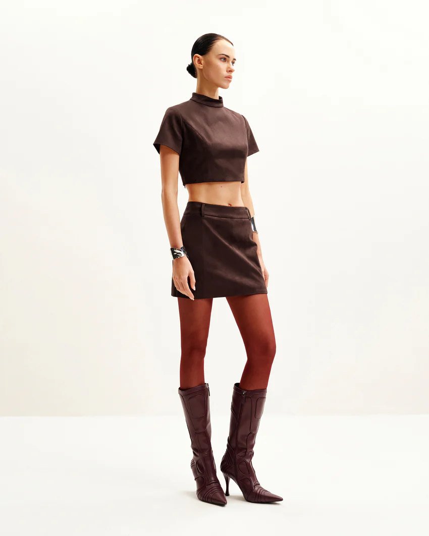 Grace Faux Suede Crop Top and Mini Skirt Set - Chocolate Brown