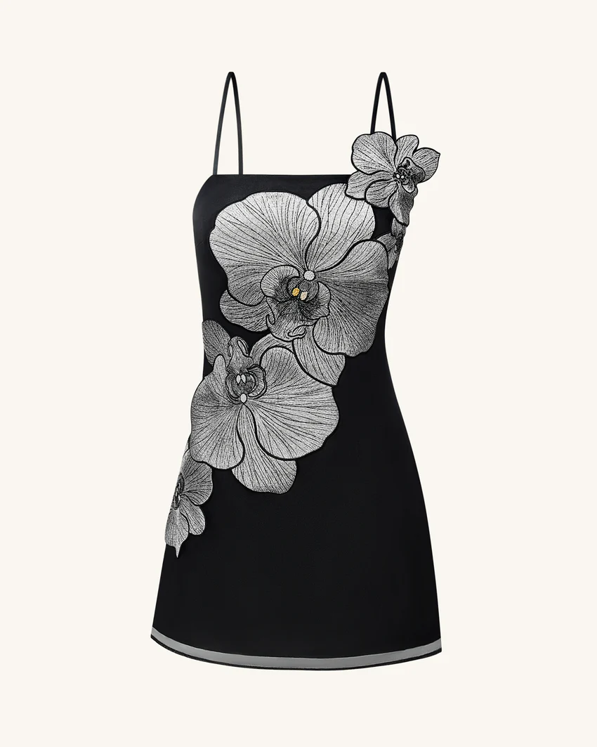 Orchid Appliqué Mini Dress - Black/Silver