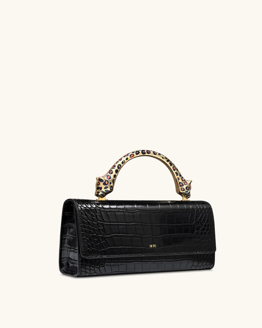 Maya Leopard-Shaped Hardware Handle Top Handle Bag - Black Croc