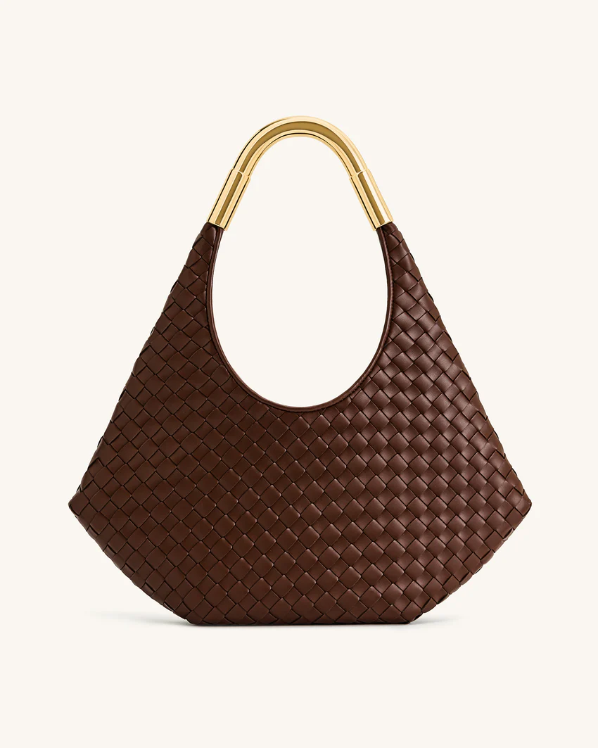 Olivia Hand-Woven Metal Handle Hobo Bag - Brown