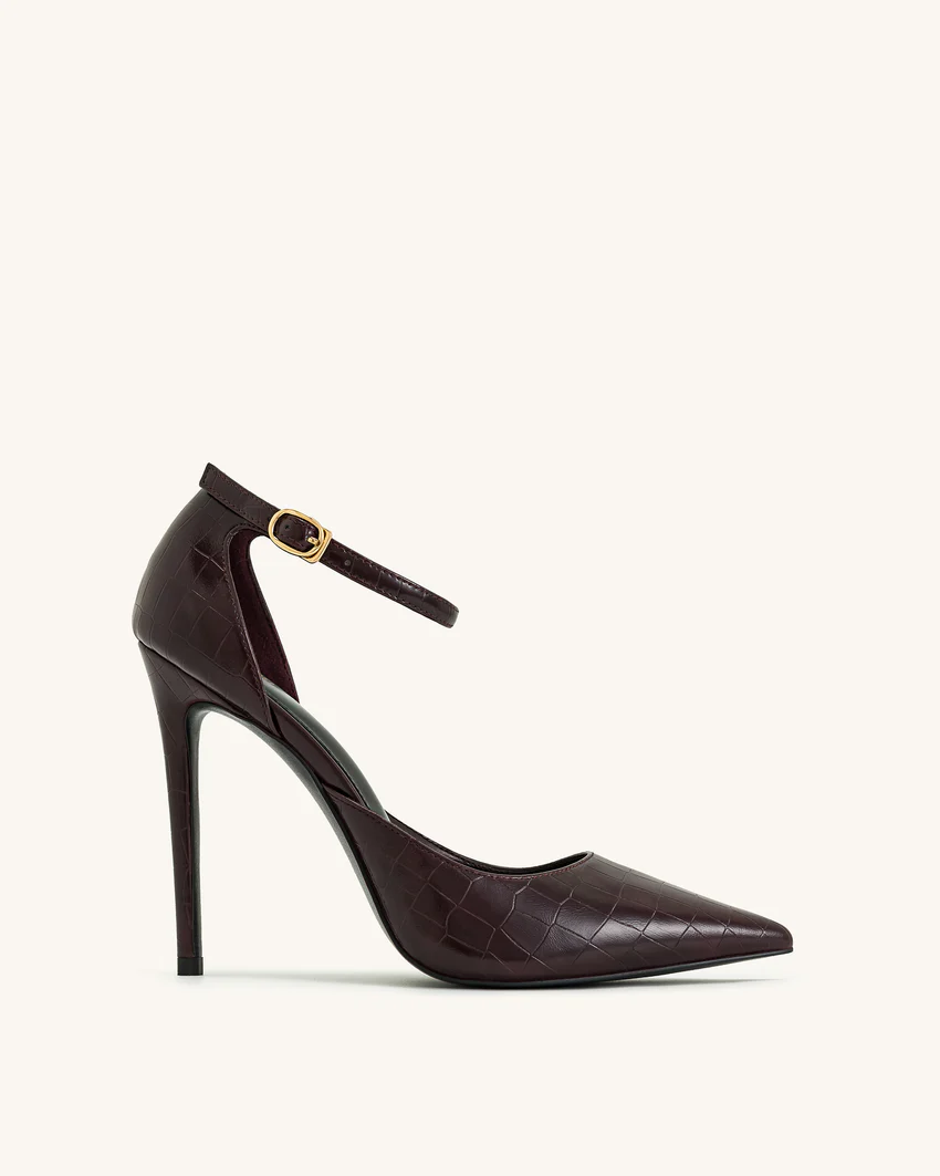 Leah Croc-Embossed Ankle Strap Heels - Burgundy