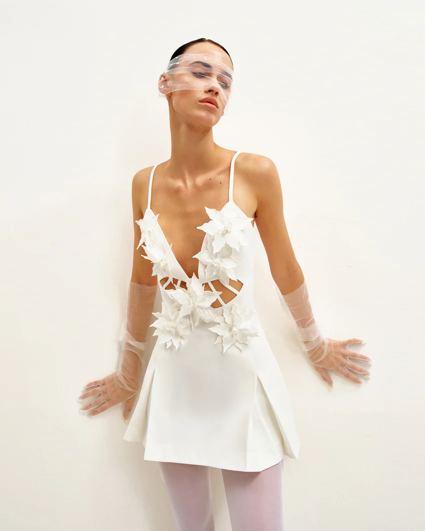 Yuliya White Floral Embellishment V-neckline Mini Dress - White