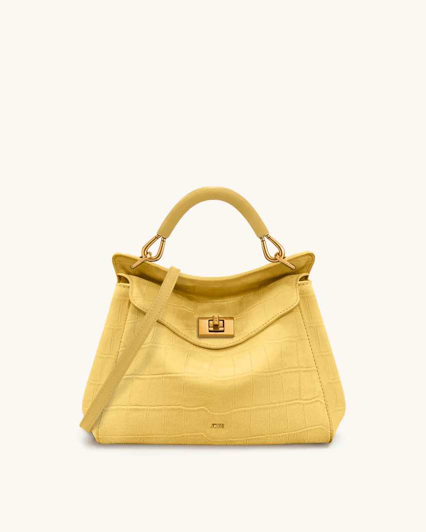 Lucia Classic Croc-Embossed Faux Suede Top Handle Bag - Yellow