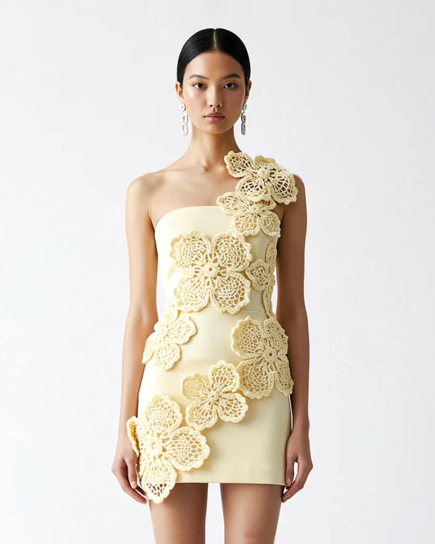 Crochet Floral Appliqué Mini Dress - Yellow