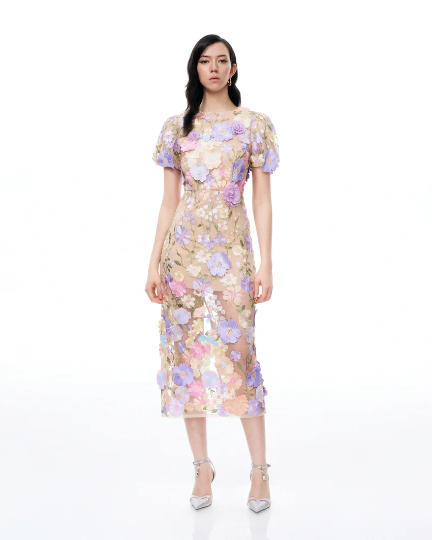 Alaric Round Neck 3D Floral Embroidered Maxi Dress - Pastel Multi