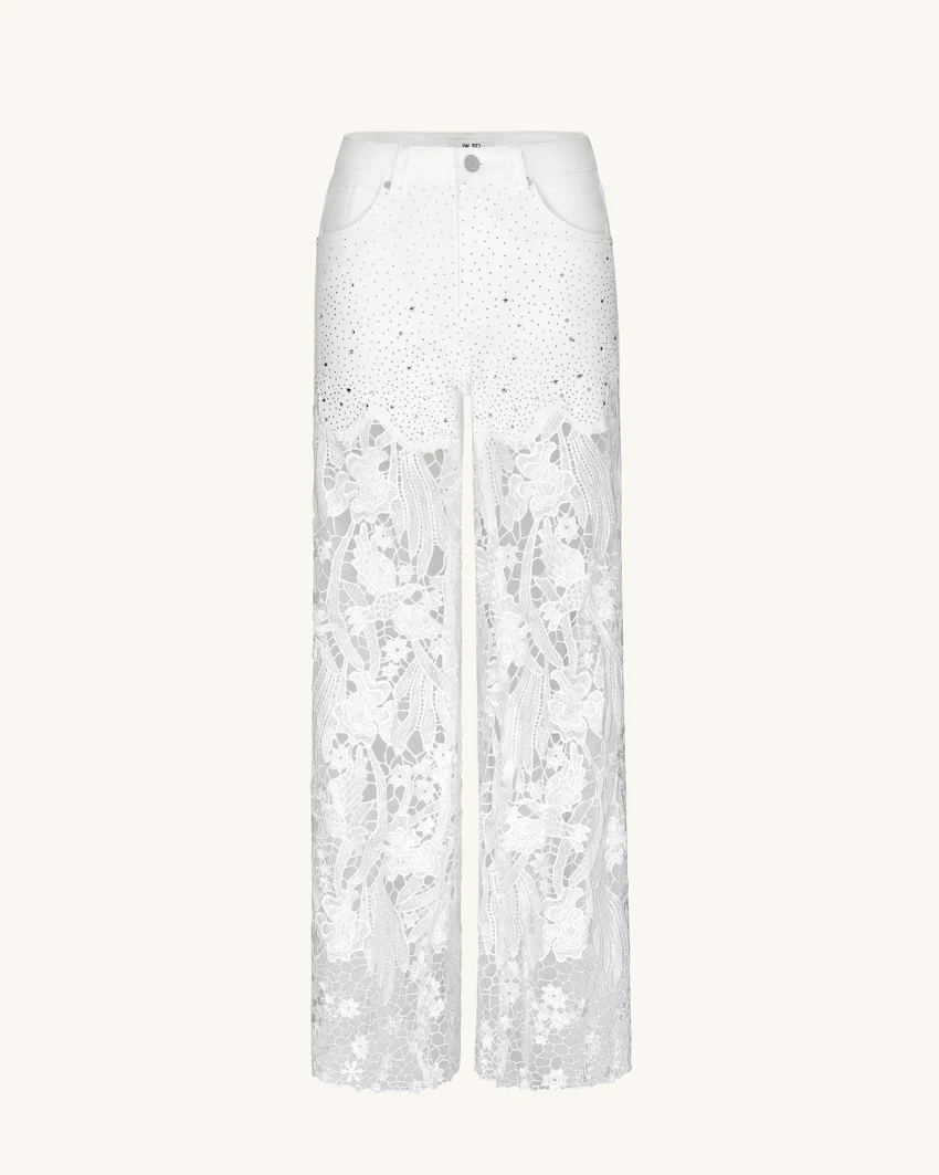 Embroidery High Rise Wide Leg Lace Denim Jeans With Rhinestone - White