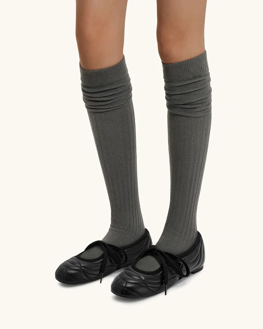 Erika Topstitching lace-up ballet Flats- Black