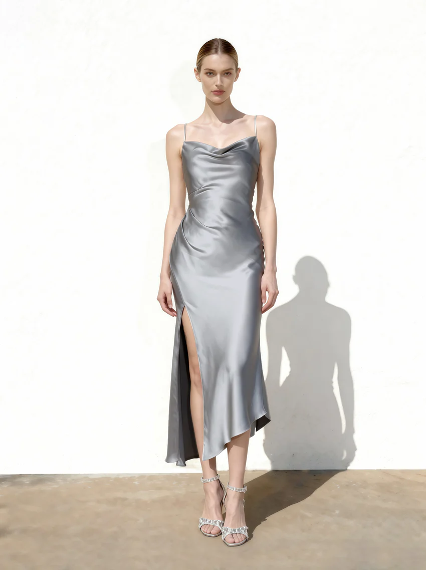 Liquid Satin Cowl-Slit Gown - Silver