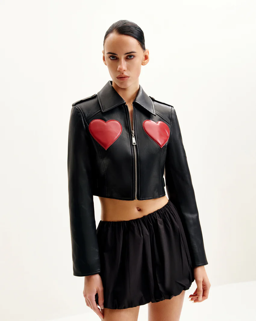 Sophie Cropped Leather Jacket - Black & Red