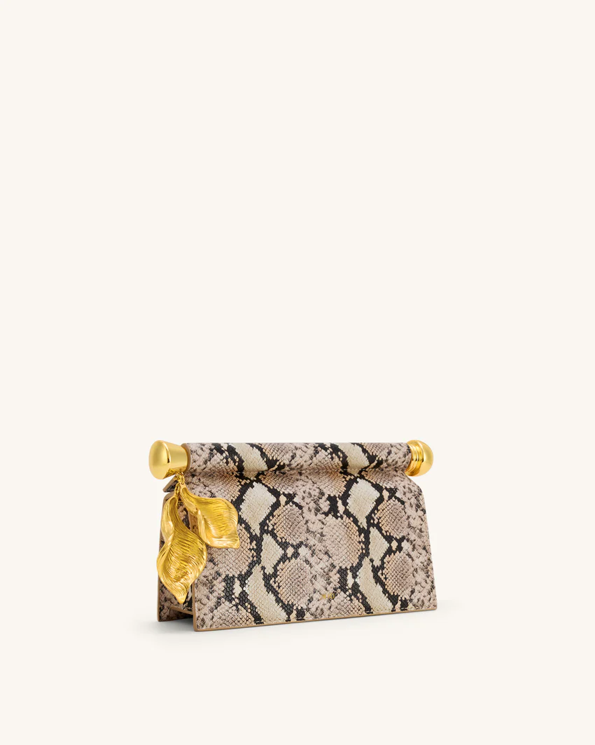 Holly Metal Pendant Embellished Snakeskin Clutch - Apricot