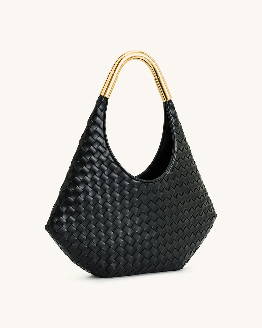 Olivia Hand-Woven Metal Handle Hobo Bag - Black