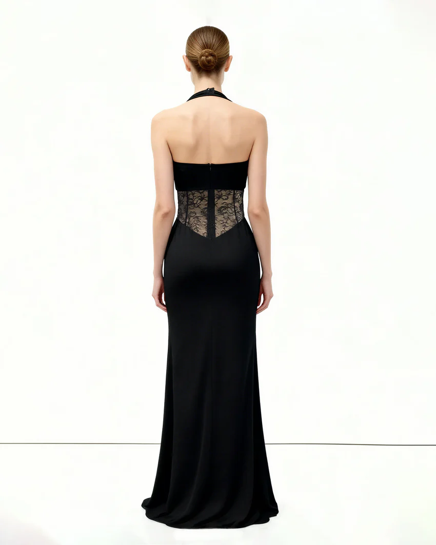 Ruched Lace Panel Maxi Dress - Black