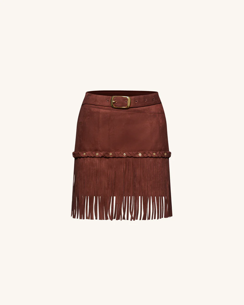 Western-Style Sueded Fringe Skirt - Burgundy