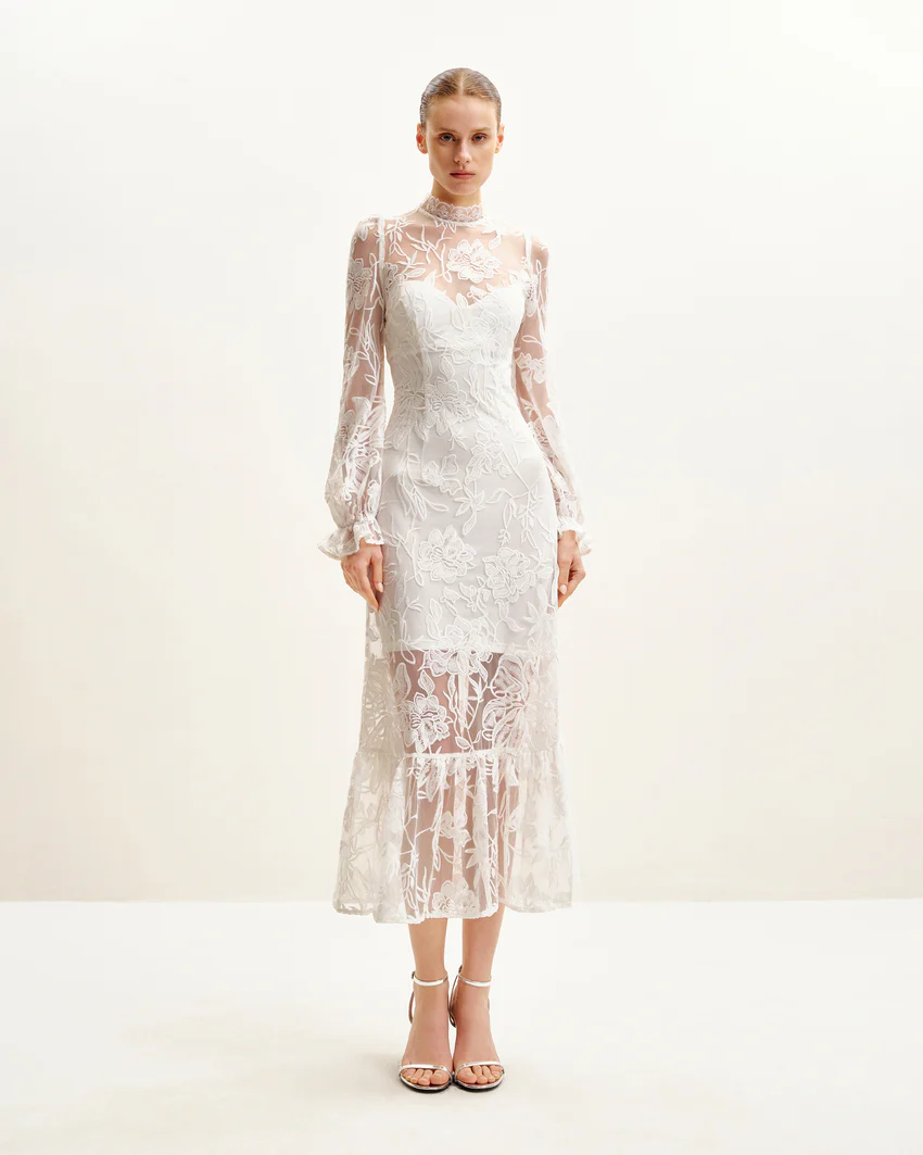 Elegant Lace Midi Dress - White