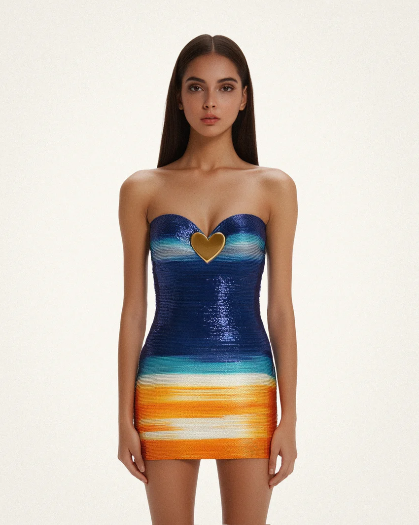 Olivia Metallic Heart Sequin Dress - Blue/Orange