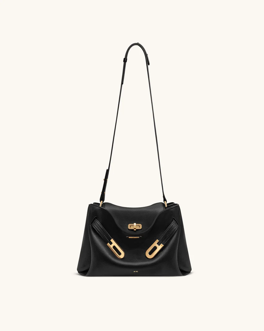 Rhea Pebbled Double Buckle Shoulder Bag - Black