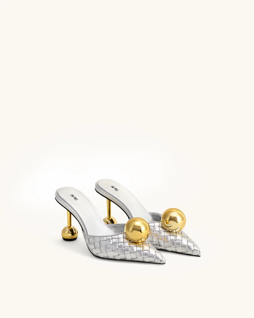 Sofia Woven Sphere Heel Mules - Silver & Gold