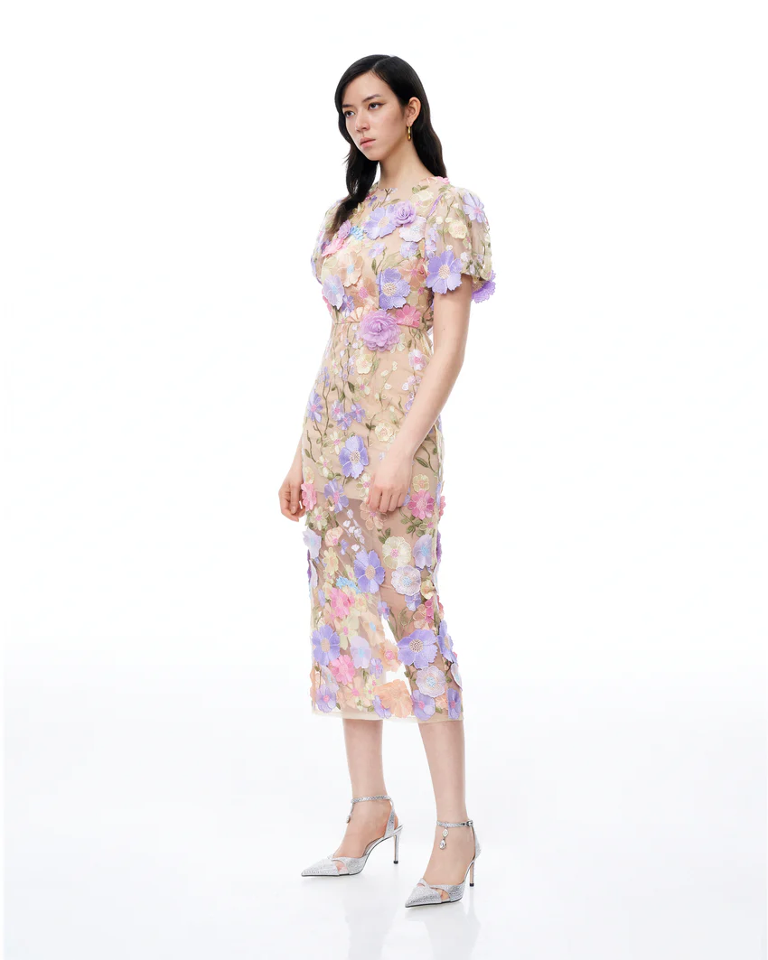 Alaric Round Neck 3D Floral Embroidered Maxi Dress - Pastel Multi