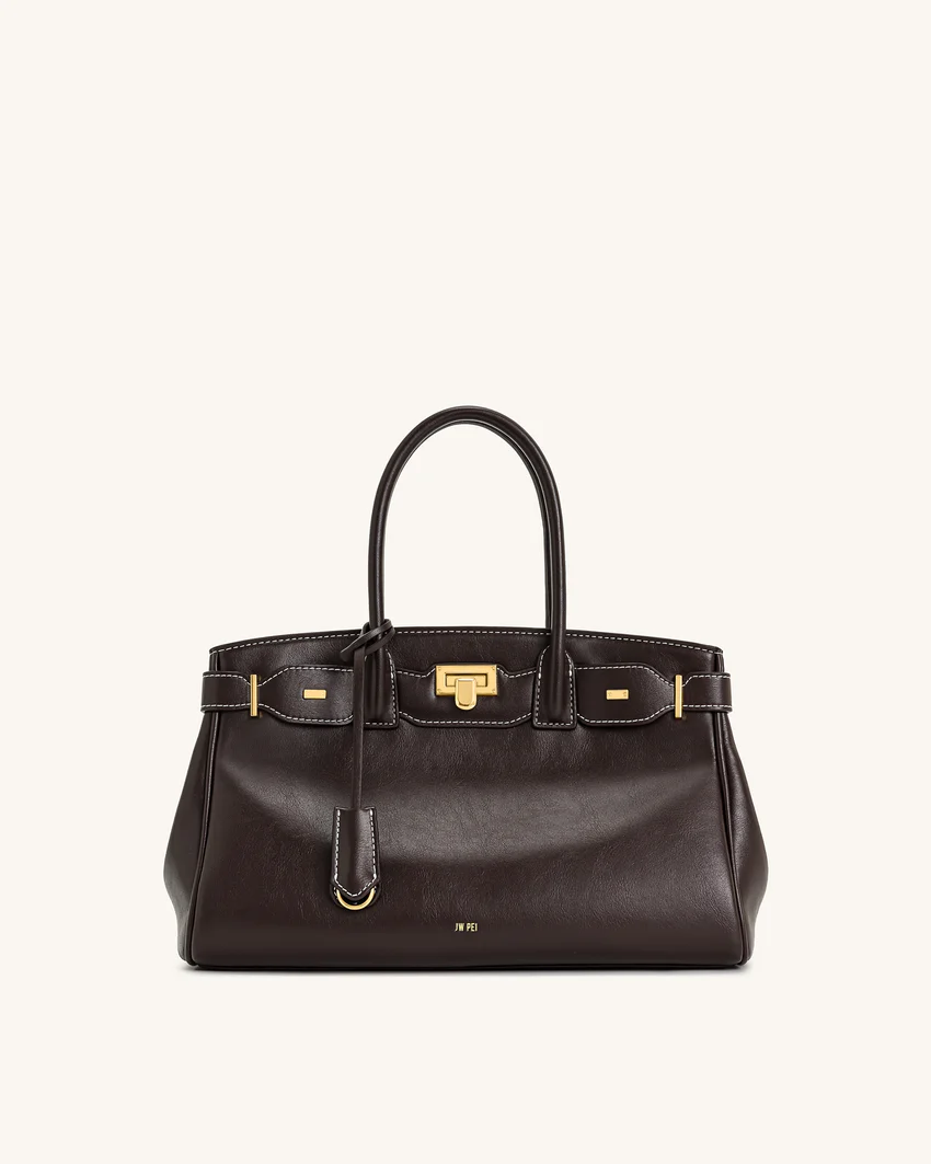 Ziva Metal Lock Decoration Tote Bag - Dark Brown