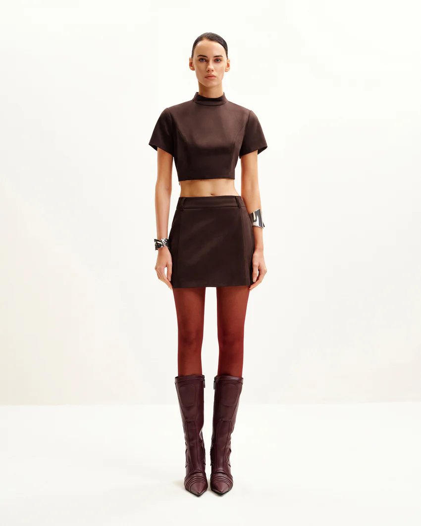 Grace Faux Suede Crop Top and Mini Skirt Set - Chocolate Brown