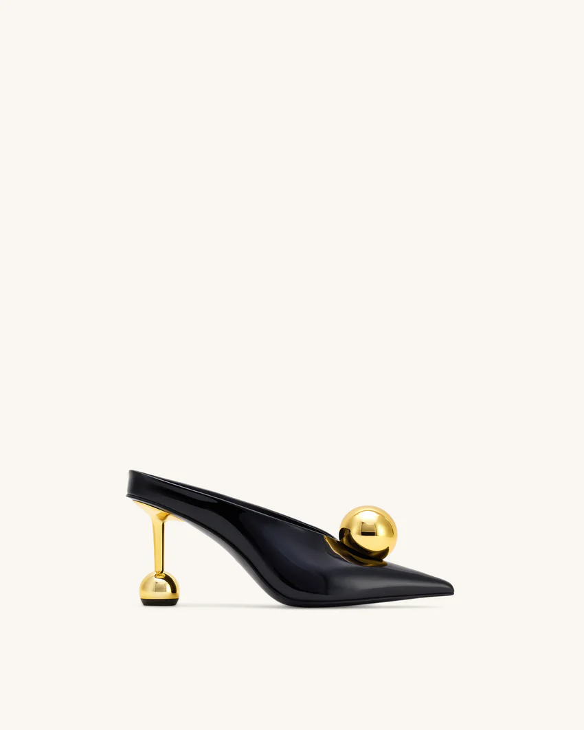 Sofia Angled Vamp Heel Mules - Black & Gold