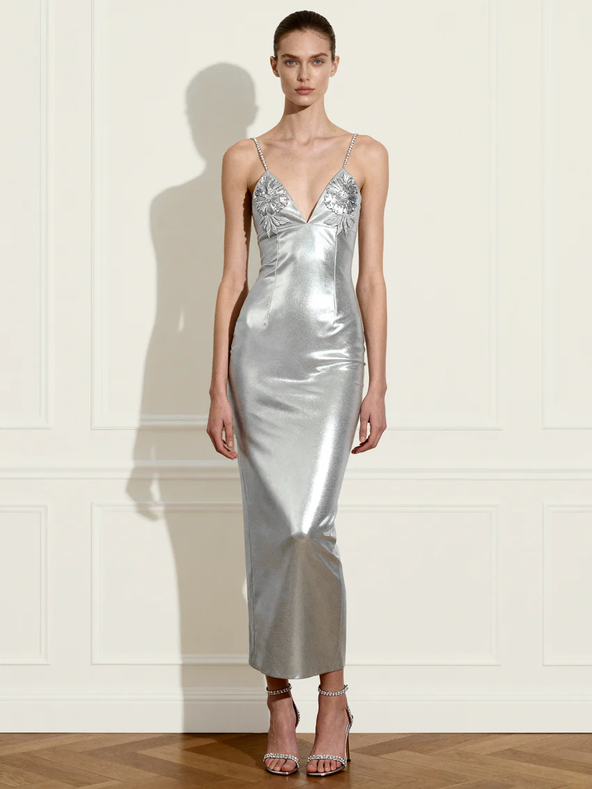 Ayliua Sweetheart-Neckline Rhinestones Embellished Silver Long Dress - Silver