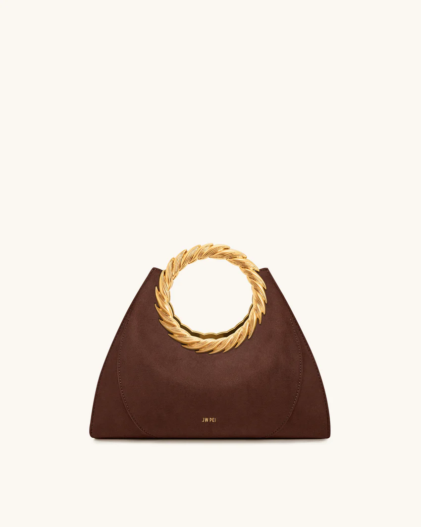 Amiya Leaf Handle Faux Suede Sculpture Bag - Mocha Brown