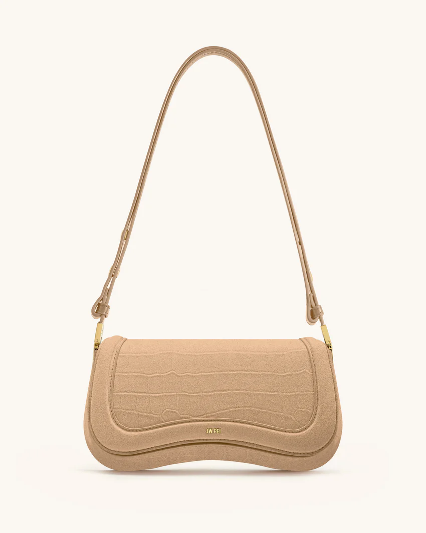 Joy Croc-Embossed Faux Suede Shoulder Bag - Beige