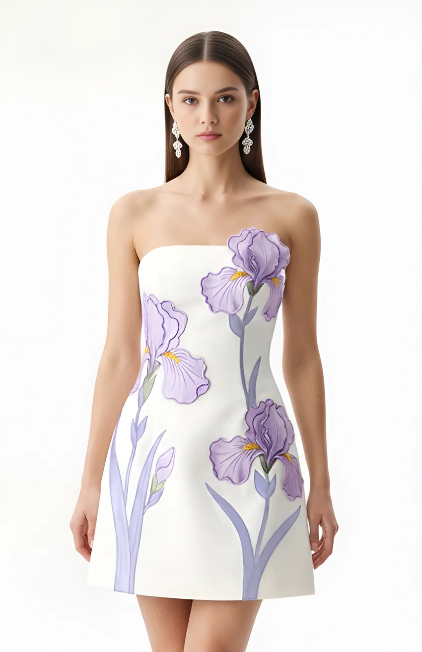 Iris Floral Print Strapless Dress - White
