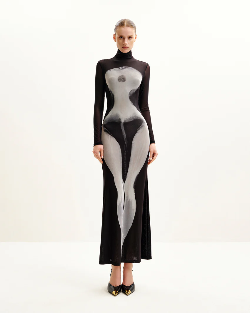 Eva Body Print Mesh Dress - Black and White
