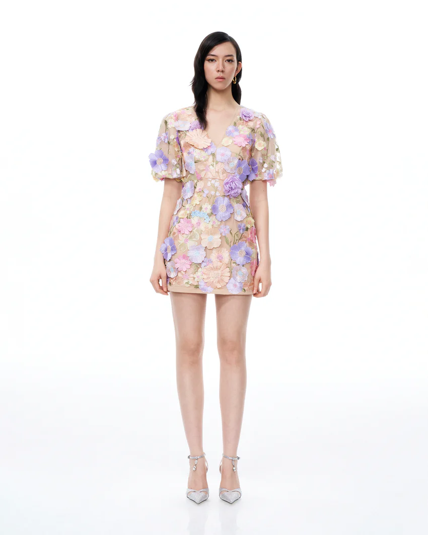 Evangeline 3D V-Neck Floral Embroidered Dress - Pastel Multi