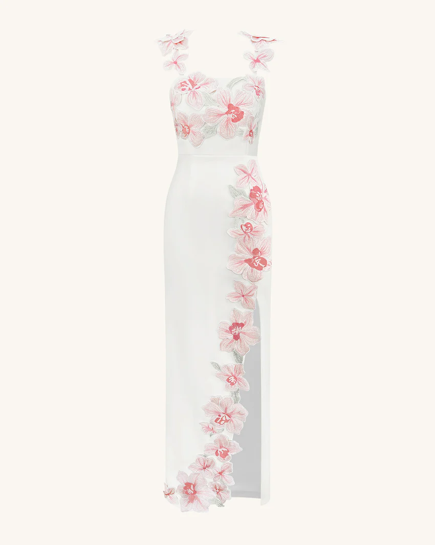 Flower Embroidered Dress - White/Pink