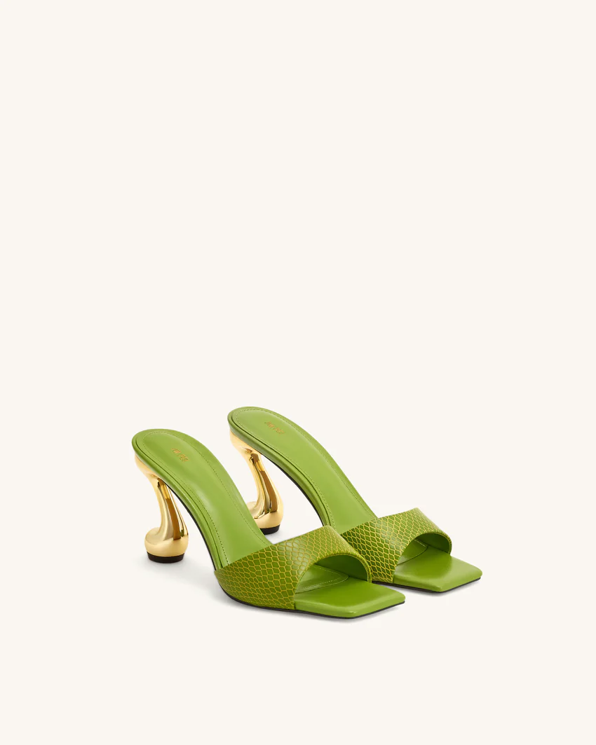 Hannah Snakeskin Heel Mules - Green