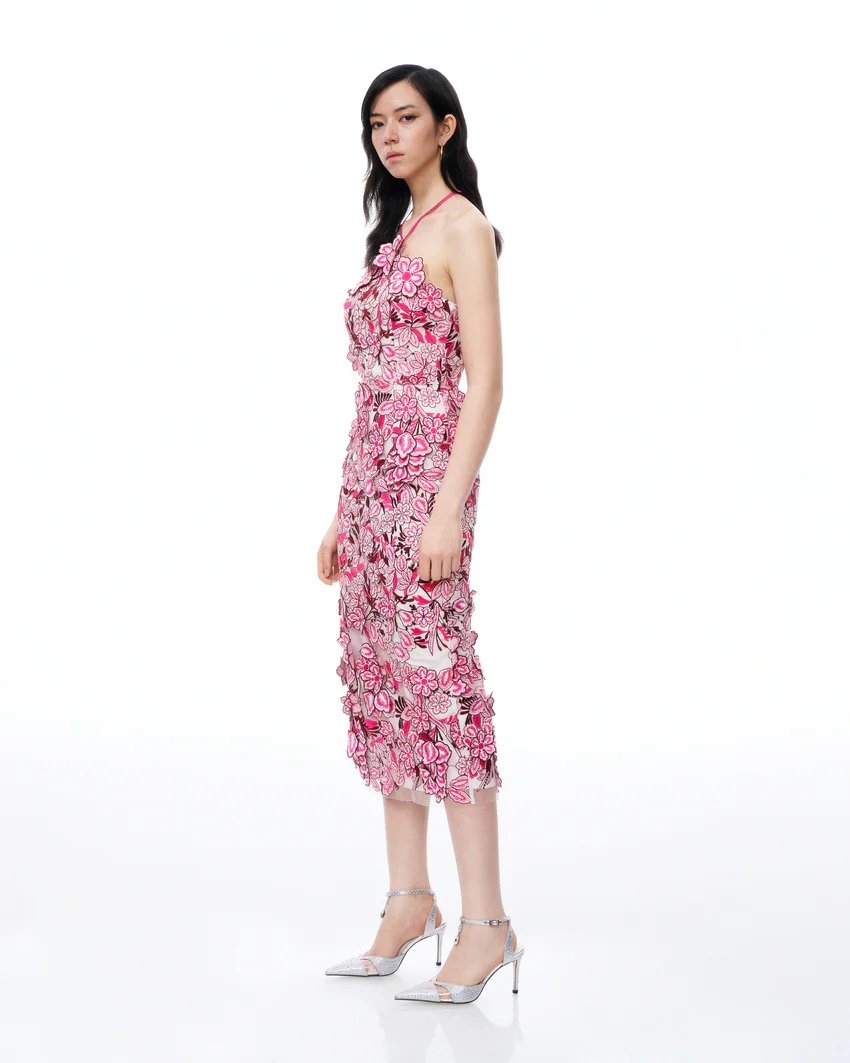 Fiora Halter Neck Floral Embroidered Maxi Dress - Rose Red