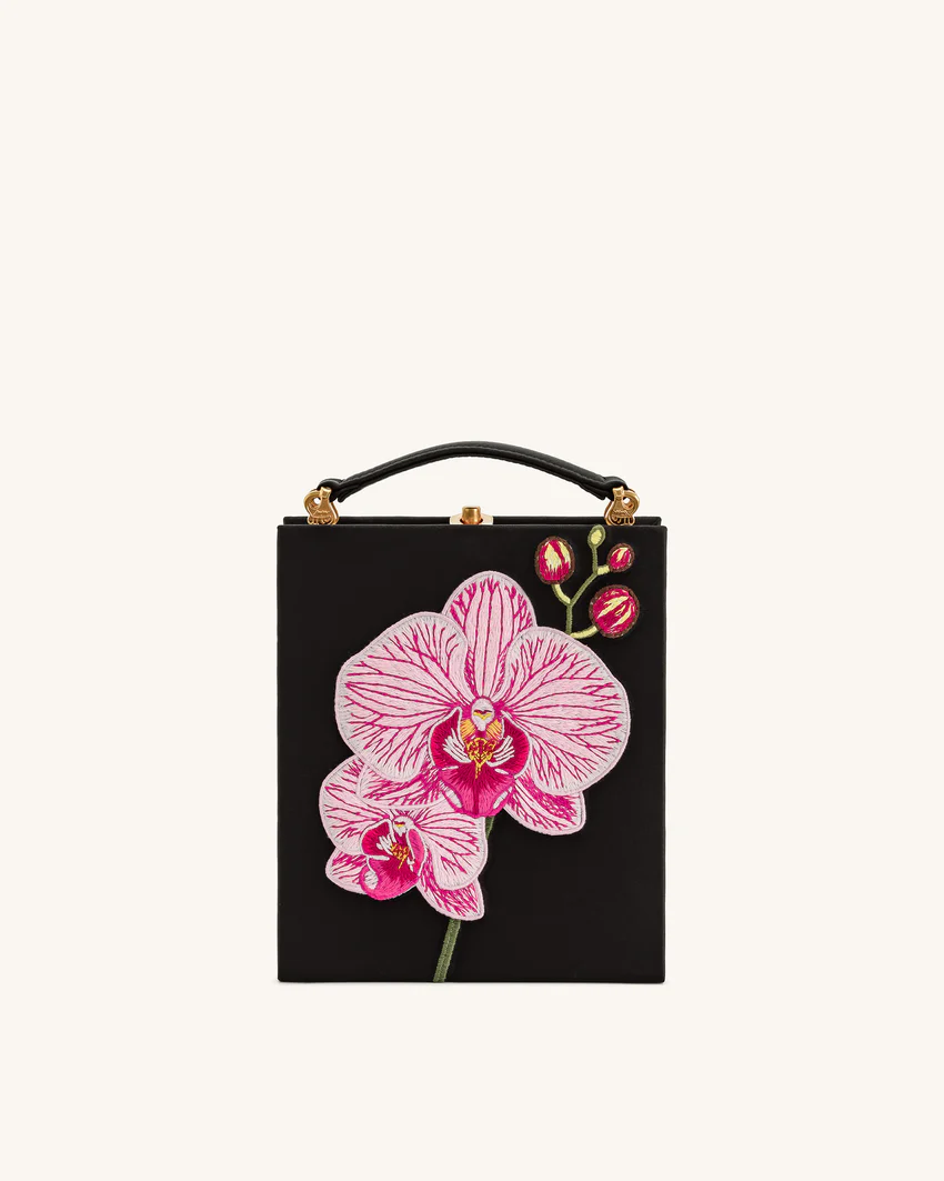 Taya Orchid Motif  Book Shape Clutch Bag - Black