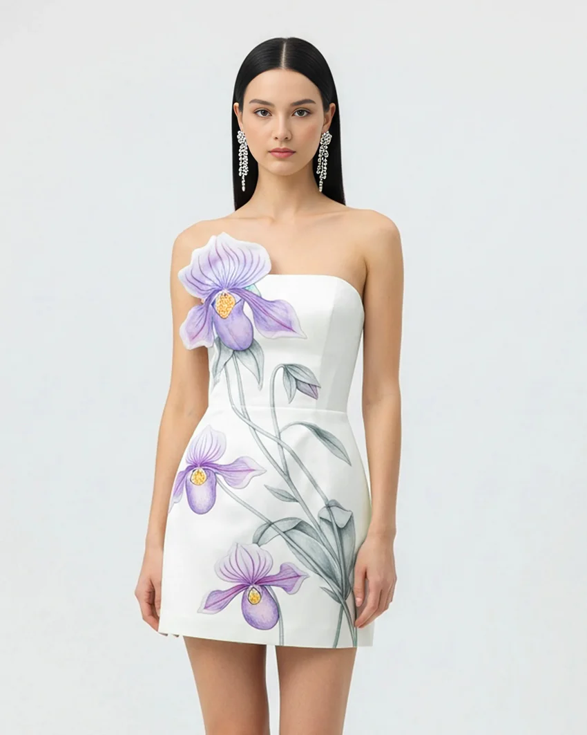 Slipper Orchid Appliqué Mini Dress - White