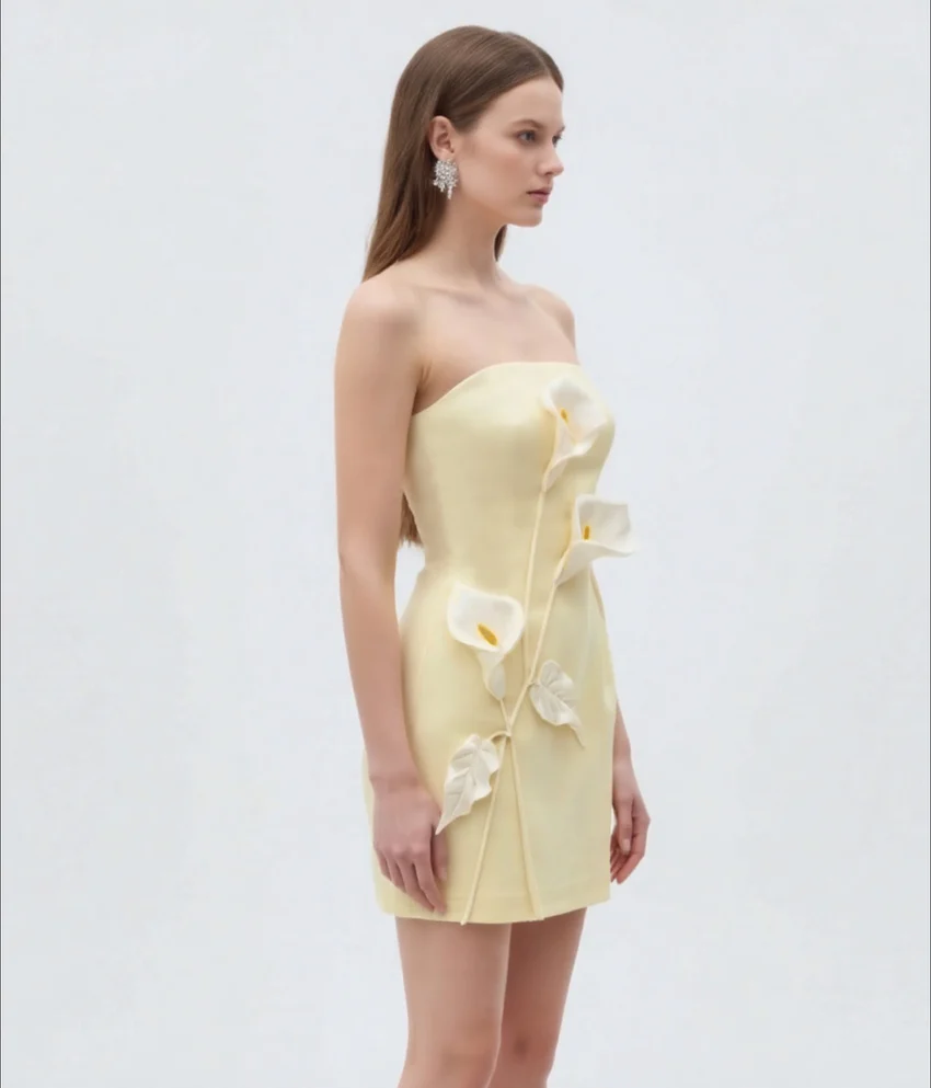 Strapless Floral Appliqué Dress - Yellow