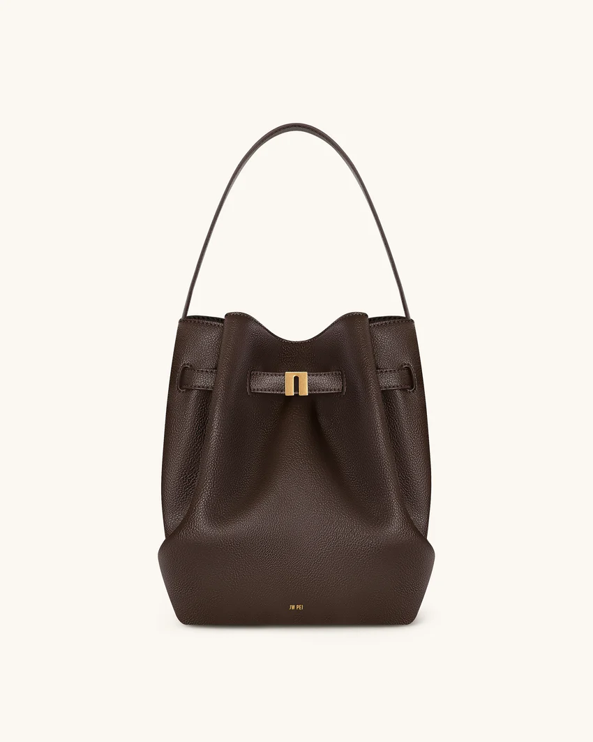 Clara Lock Accent Bucket Shoulder Bag - Mocha Brown