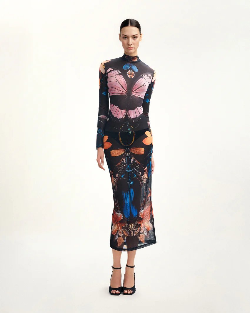 Sheer Butterfly and Beetle Gown - Multicolor