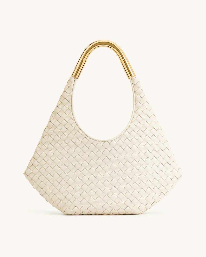 Olivia Hand-Woven Metal Handle Hobo Bag - White